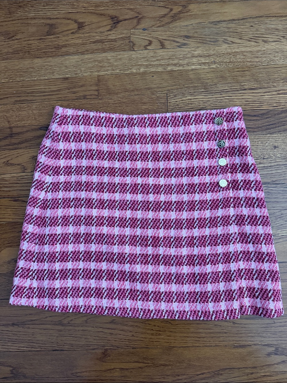 Draper James Pink Plaid Tweed Mini Skirt with Side Buttons